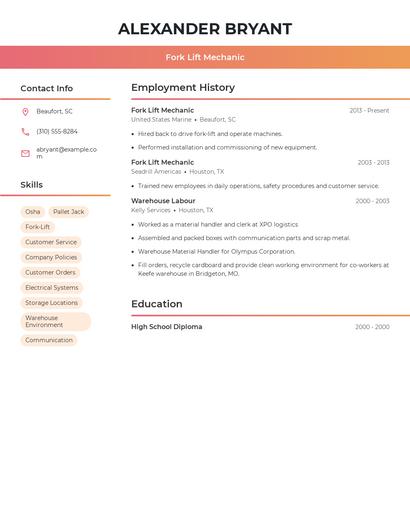 Fork Lift Mechanic Resume