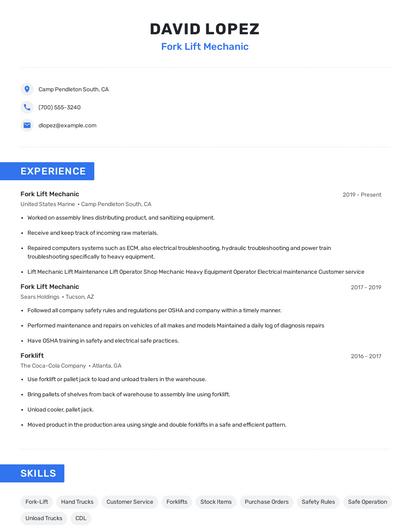 Fork Lift Mechanic Resume