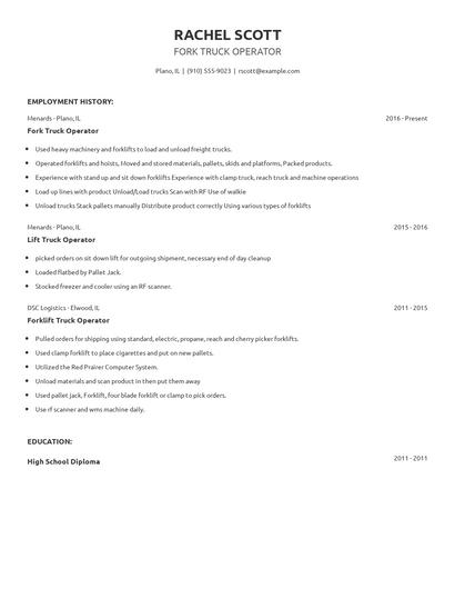 Fork Truck Operator Resume