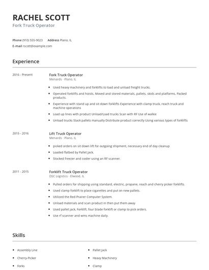 Fork Truck Operator Resume