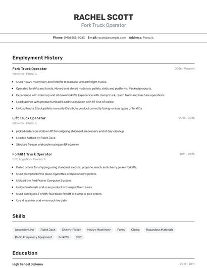Fork Truck Operator Resume