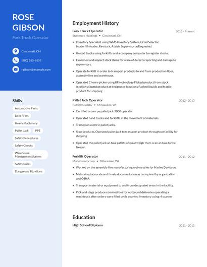 Fork Truck Operator Resume