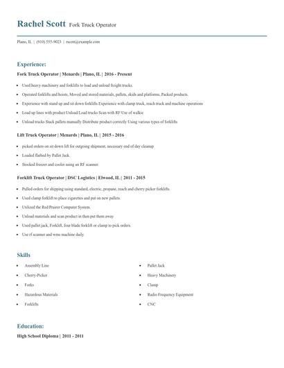 Fork Truck Operator Resume