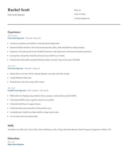 Fork Truck Operator Resume