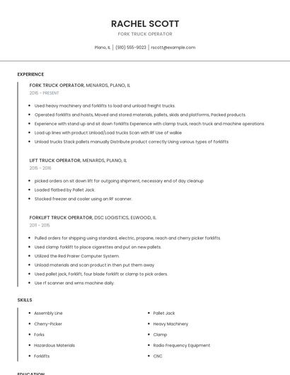 Fork Truck Operator Resume