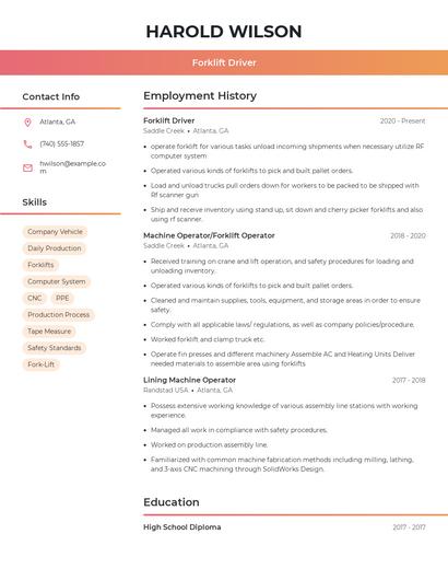 Forklift Driver Resume
