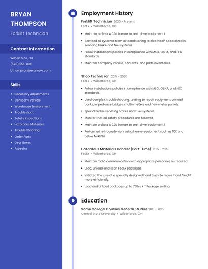 Forklift Technician Resume
