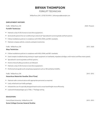 Forklift Technician Resume