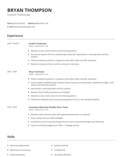 Forklift Technician Resume