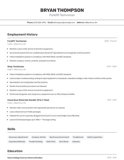 Forklift Technician Resume