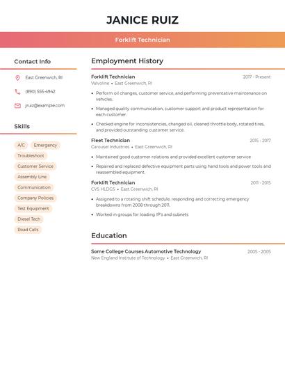 Forklift Technician Resume