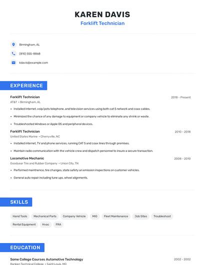 Forklift Technician Resume