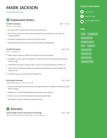 Forklift Technician Resume