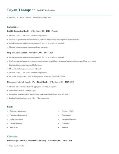 Forklift Technician Resume