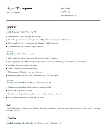 Forklift Technician Resume