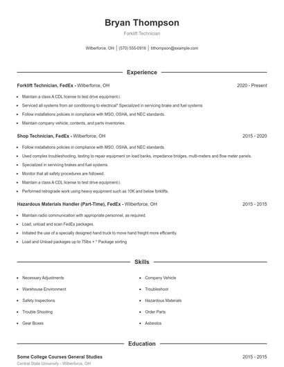 Forklift Technician Resume