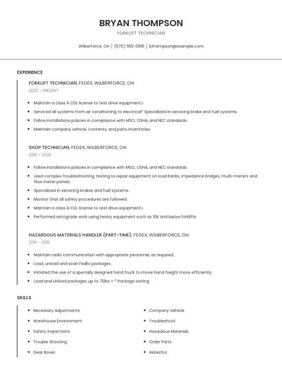 Forklift Technician Resume