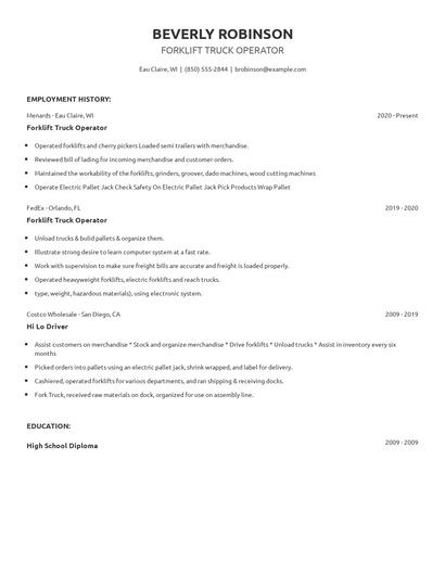 Forklift Truck Operator Resume