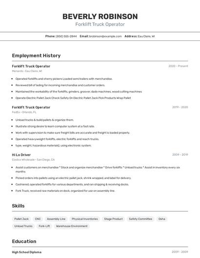 Forklift Truck Operator Resume