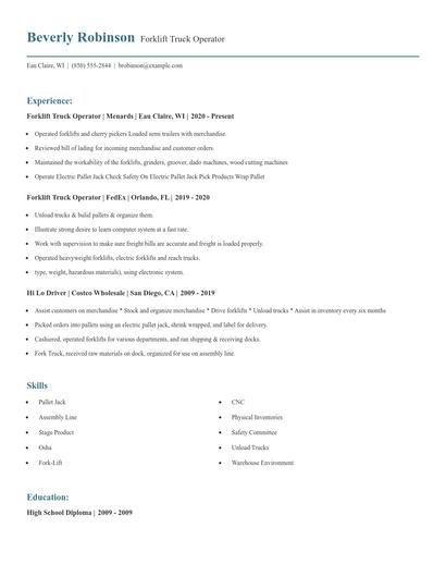Forklift Truck Operator Resume
