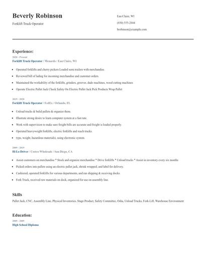 Forklift Truck Operator Resume
