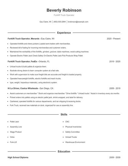 Forklift Truck Operator Resume
