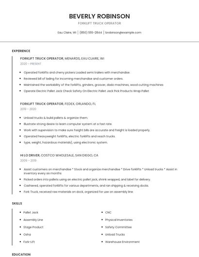Forklift Truck Operator Resume