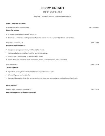 Form Carpenter Resume