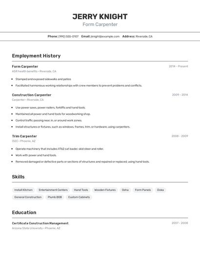 Form Carpenter Resume