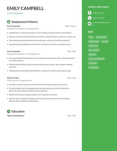 Form Carpenter Resume