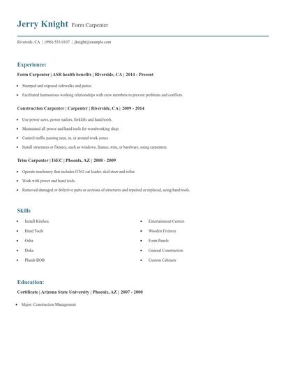 Form Carpenter Resume