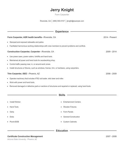 Form Carpenter Resume