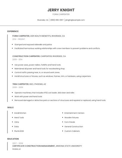 Form Carpenter Resume