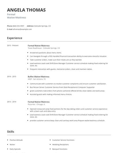 Formal Waiter/Waitress Resume