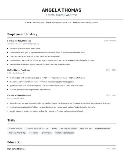 Formal Waiter/Waitress Resume