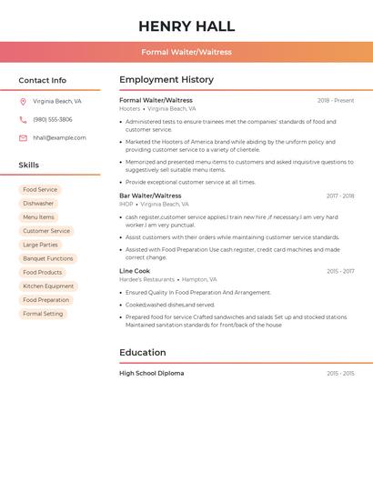 Formal Waiter/Waitress Resume