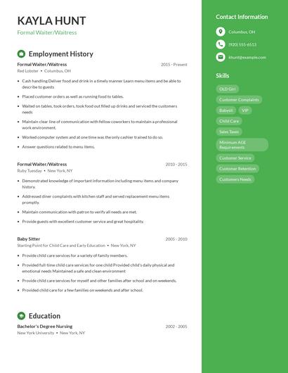 Formal Waiter/Waitress Resume