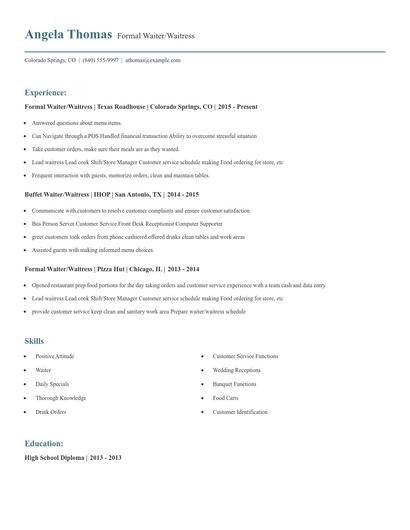 Formal Waiter/Waitress Resume