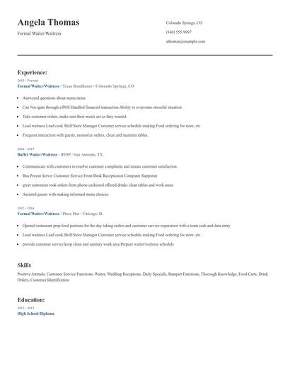 Formal Waiter/Waitress Resume
