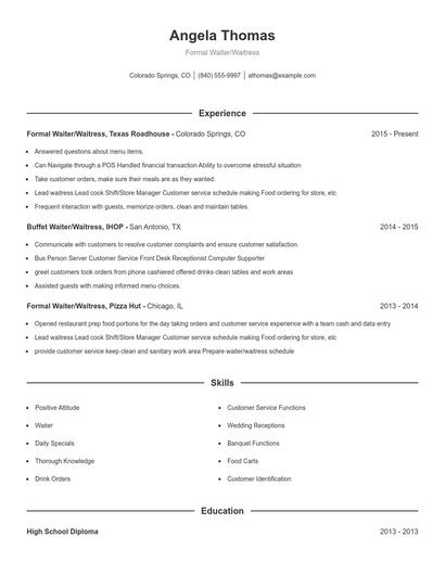 Formal Waiter/Waitress Resume