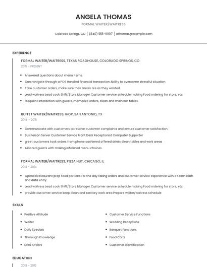Formal Waiter/Waitress Resume