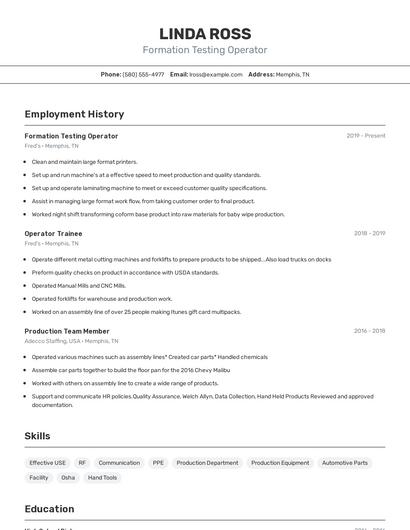 Formation Testing Operator Resume