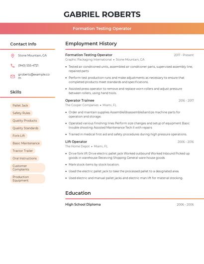 Formation Testing Operator Resume