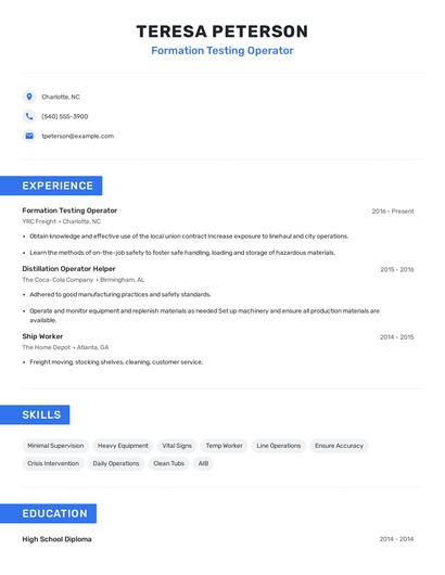 Formation Testing Operator Resume