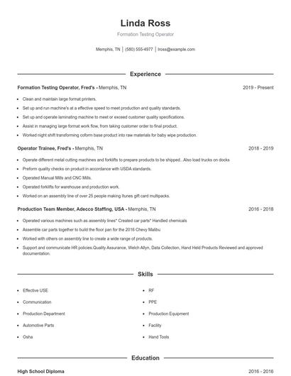 Formation Testing Operator Resume