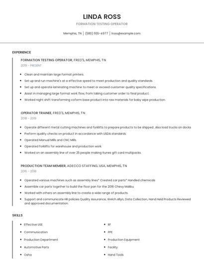 Formation Testing Operator Resume
