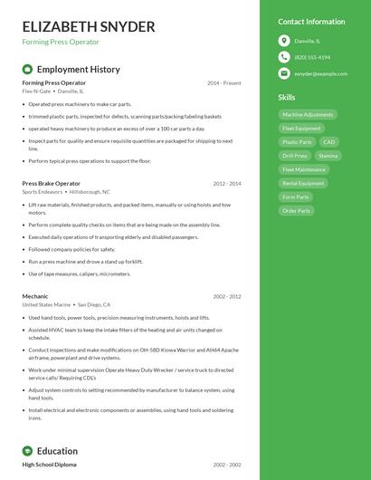 Forming Press Operator Resume
