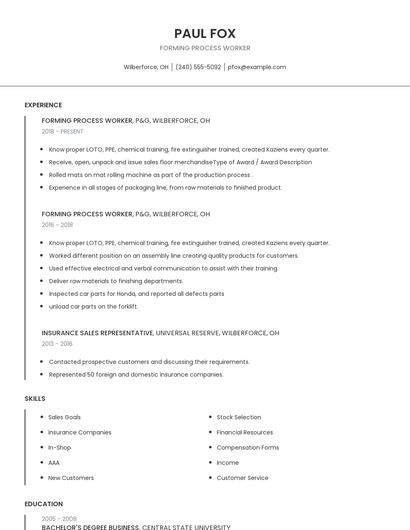 Forming Process Worker Resume