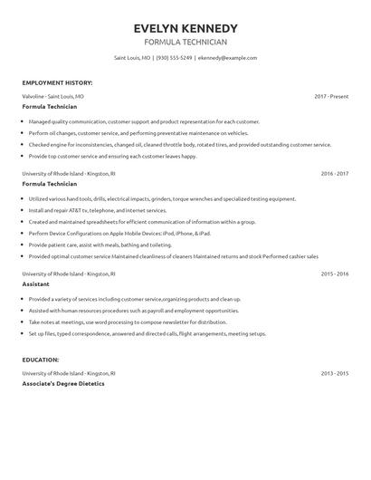 Formula Technician Resume