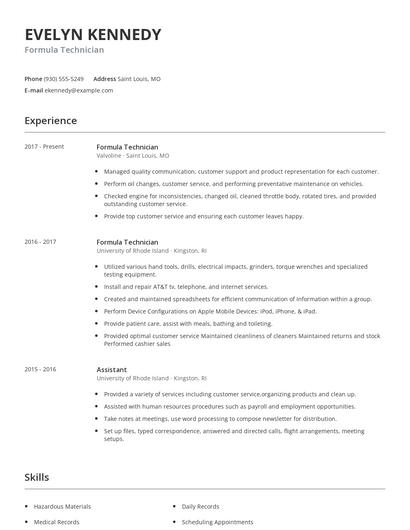 Formula Technician Resume
